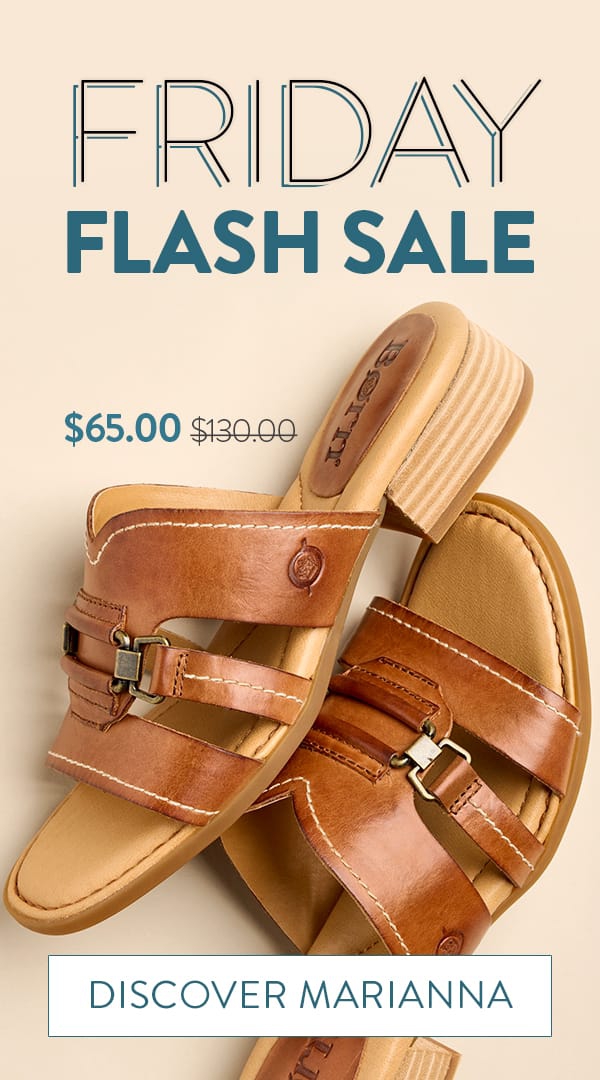 Friday Flash Sale.  Marianna low-heeled slide sandal in brown. Now $65.00 was $130.00. Discover Marianna.