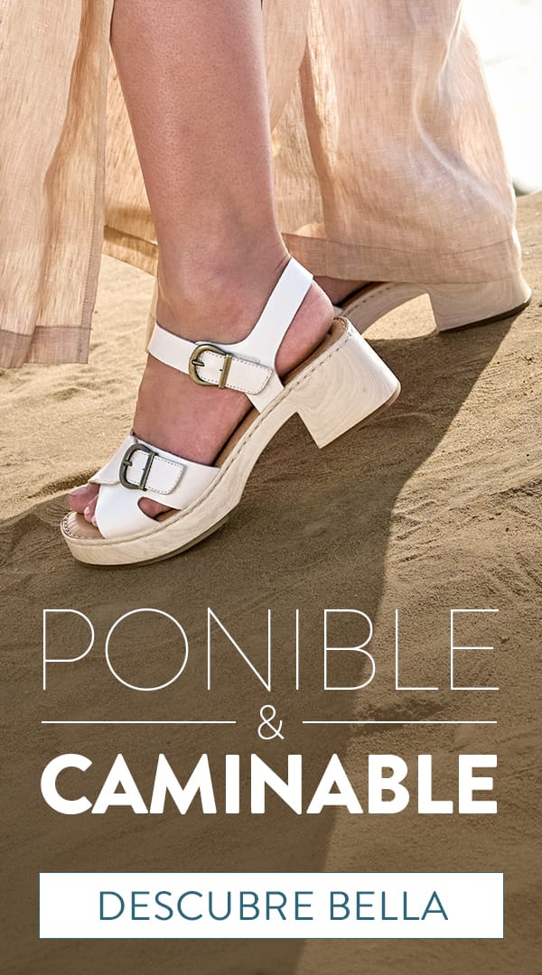 Ponible y Caminable. Descubre Bella. Estilo destacado: sandalia con tac&oacute;n y correa al tobillo Bella en blanco.