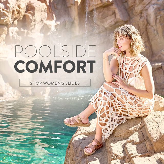 Poolside Comfort. Featured product: Salas Sport slide sandal in brown. Shop Women's Slides.