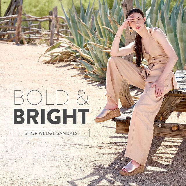 Bold & Bright. Shop Wedge Sandals. Featured style: Shilo cork wedge slide sandal in metallic. 