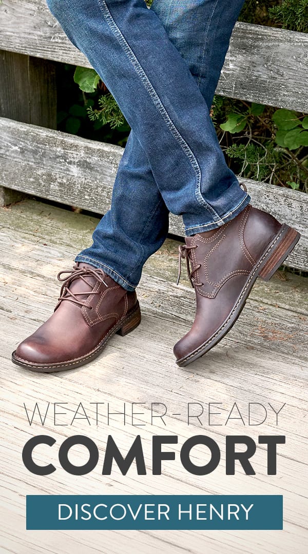 Weather Ready Comfort. Discover Henry. Featured style: Henry chukka lace up boot in brown.