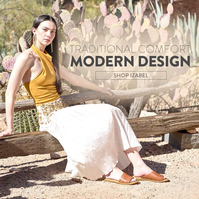 Traditional Comfort, Modern Design. Featured style: Izabel slide sandal in brown. Shop Izabel