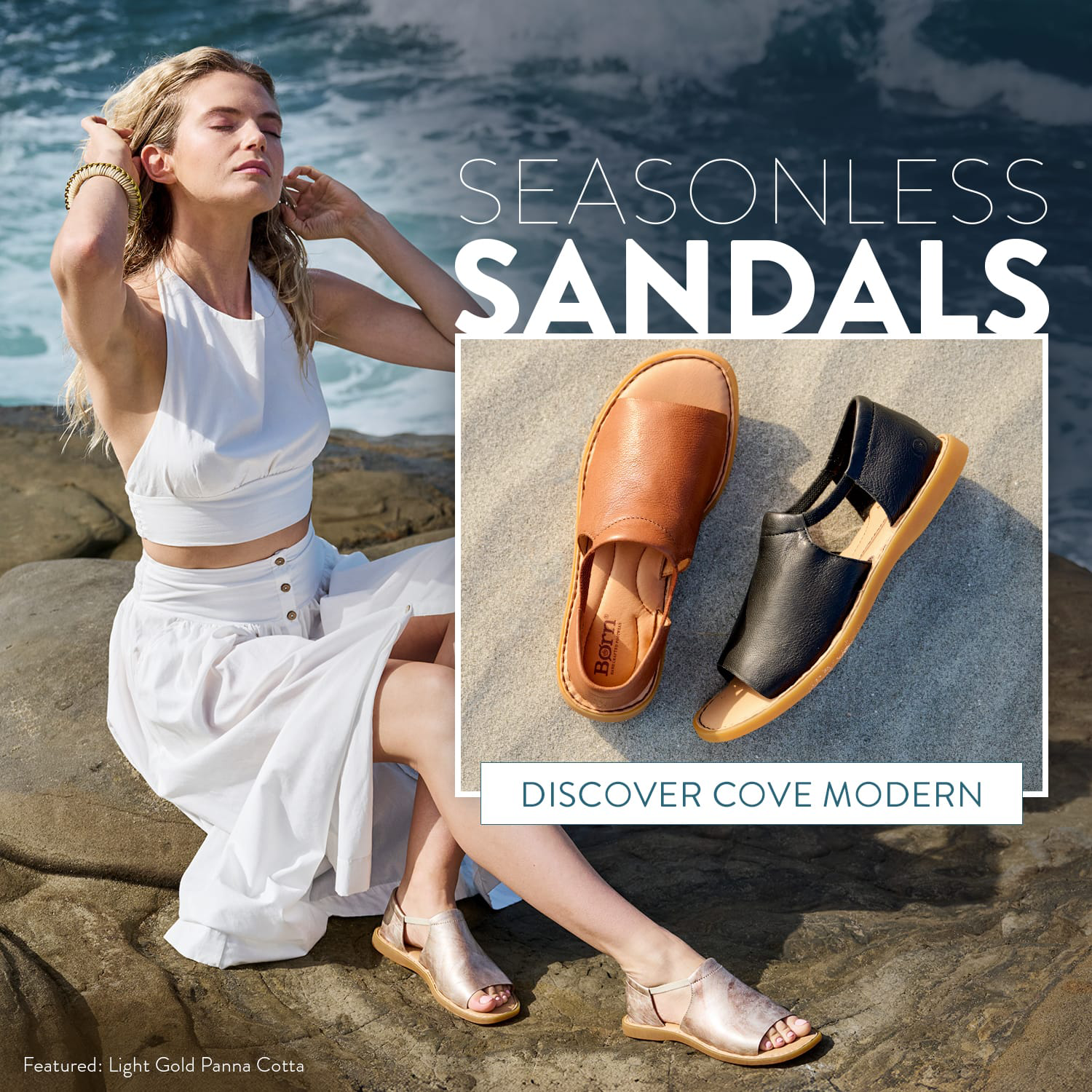 Seasonless Sandals. A woman sitting by the ocean wearing the Cover Modern sandal in metallic. Additional featured colors in brown and black. Discover Cove Modern.