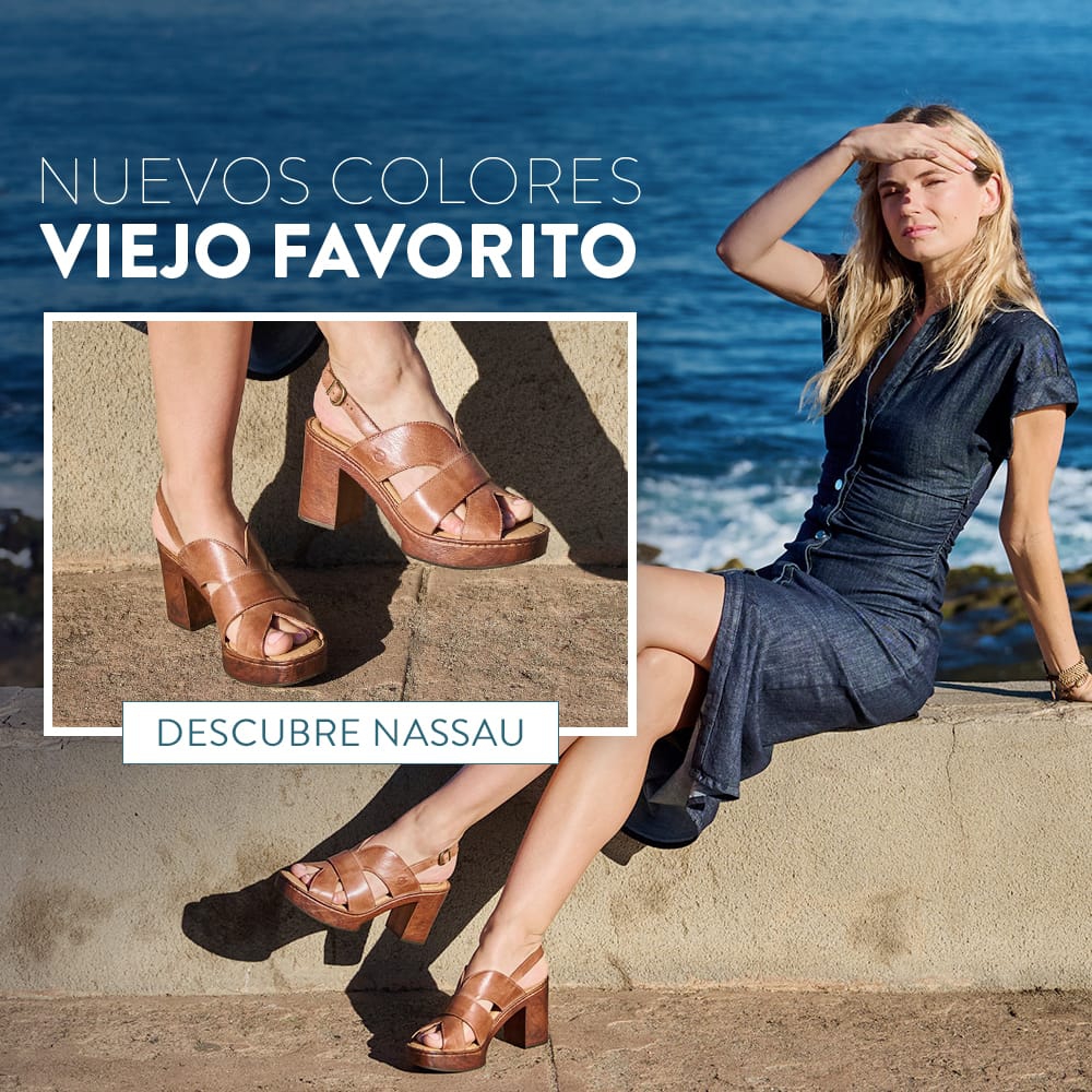 Nuevos Colores, Viejo Favorito. Una mujer sentada en un muro junto al oc&eacute;ano usando la sandalia de plataforma con tac&oacute;n Nassau en caf&eacute;. Descubre Nassau.