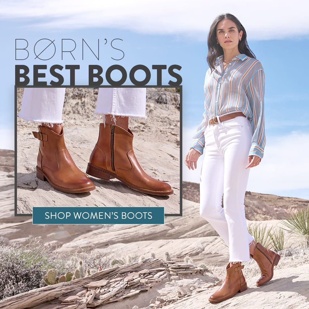 Born's Best Boots. A woman standing in the desert wearing the Charlie side-zip ankle boot in brown. Shop Women's Boots.