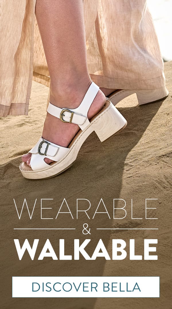 Wearable & Walkable. Discover Bella. Featured style: Bella heeled ankle strap sandal in white.
