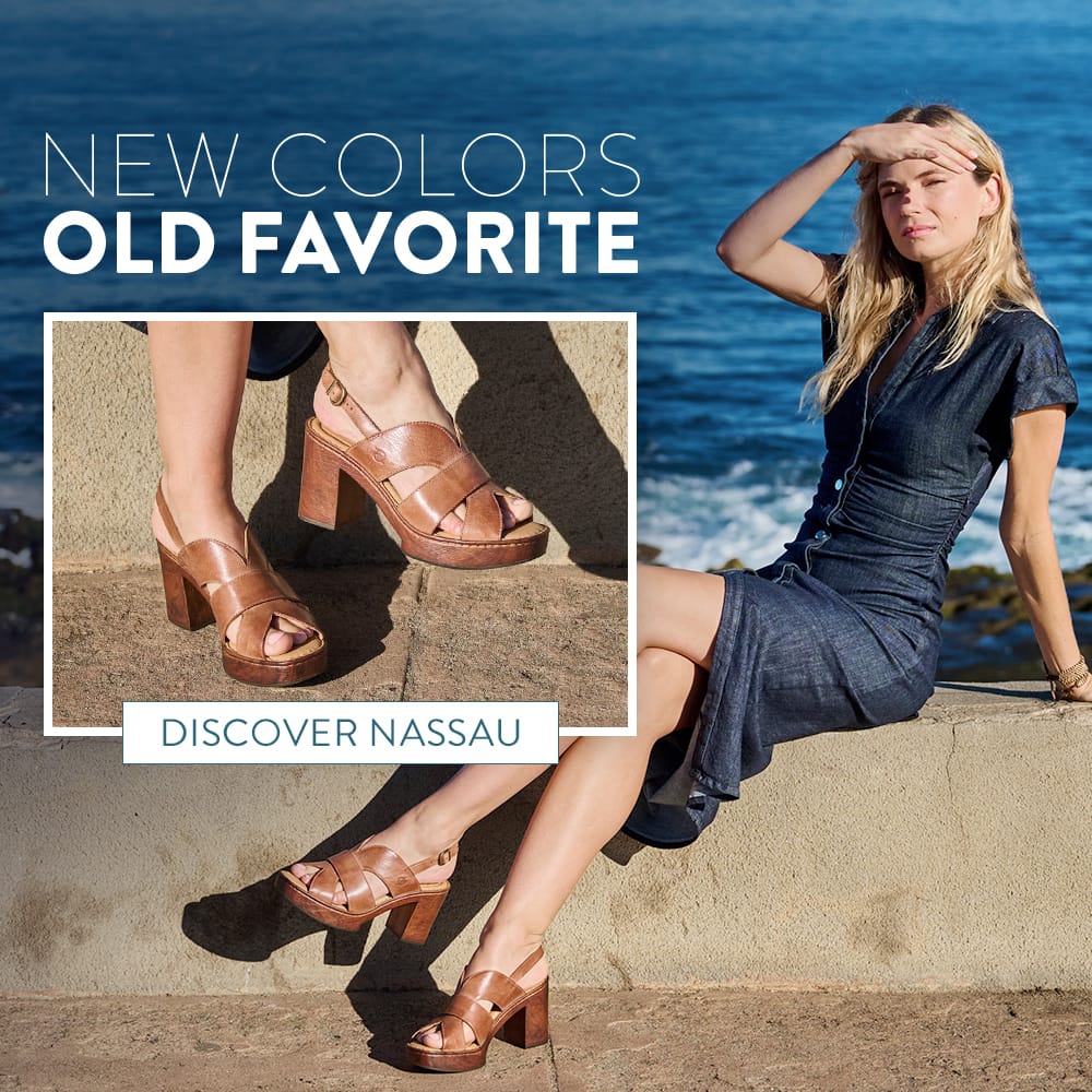 New Colors, Old Favorite. A woman sitting on a wall by the ocean wearing the Nassau heeled platform sandal in brown. Discover Nassau.