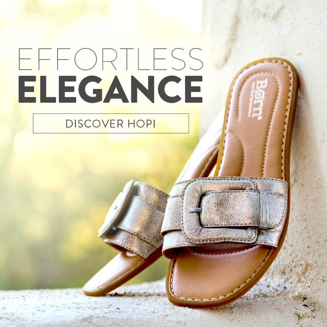Effortless Elegance. Discover Hopi. Featured style: Hopi slide sandal in metallic.