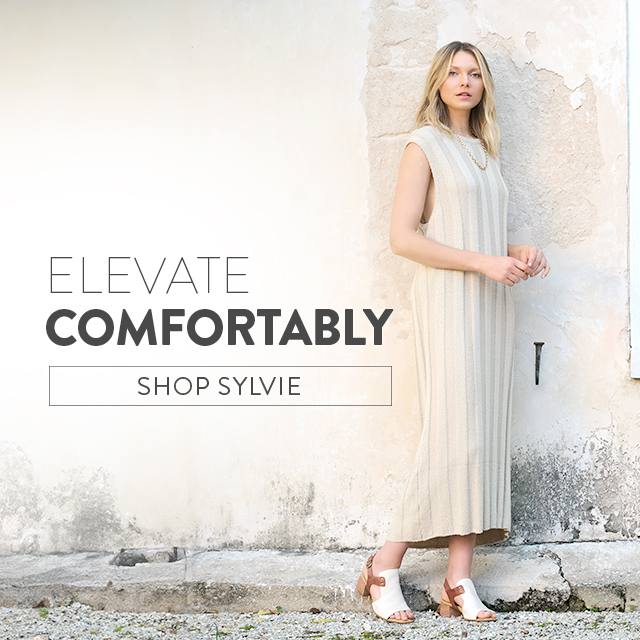 Elevate Comfortably. Shop Sylvie. Featured style: Sylvie heeled sandal in white and brown leather.