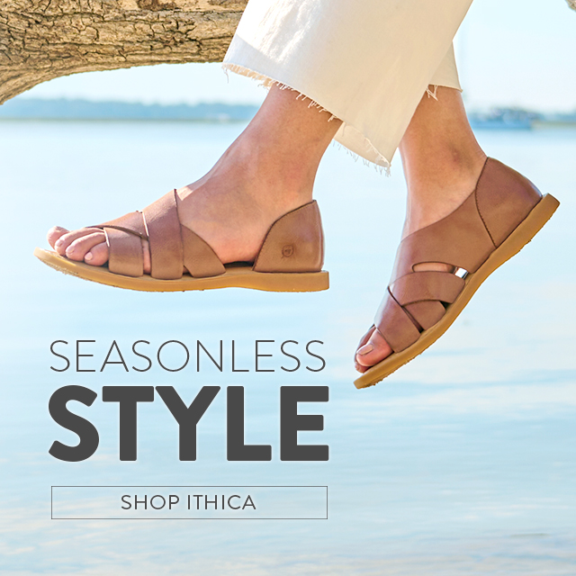 Seasonless Style. Shop Ithica. Featured style: Ithica sandal in brown leather.