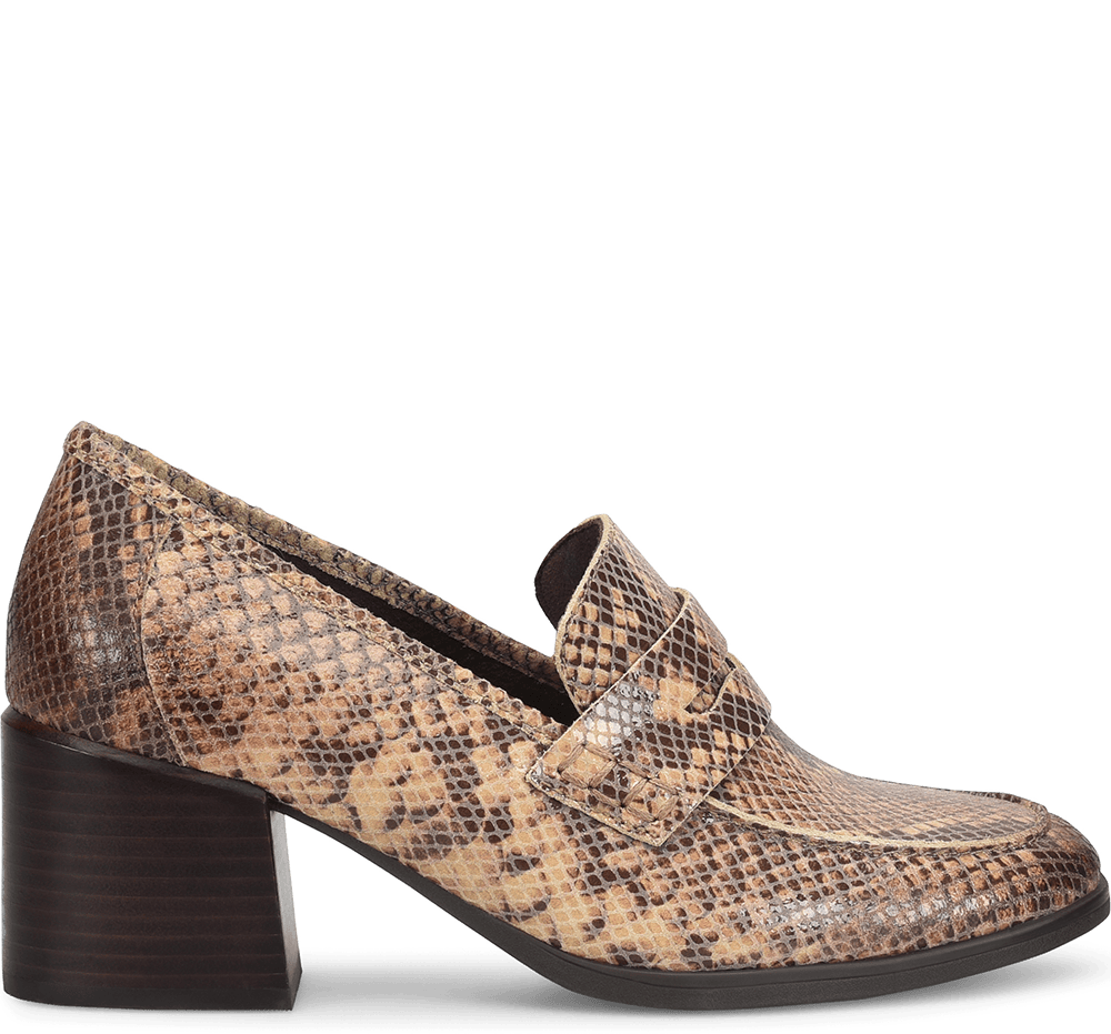 Lora heeled loafer in snakeprint.