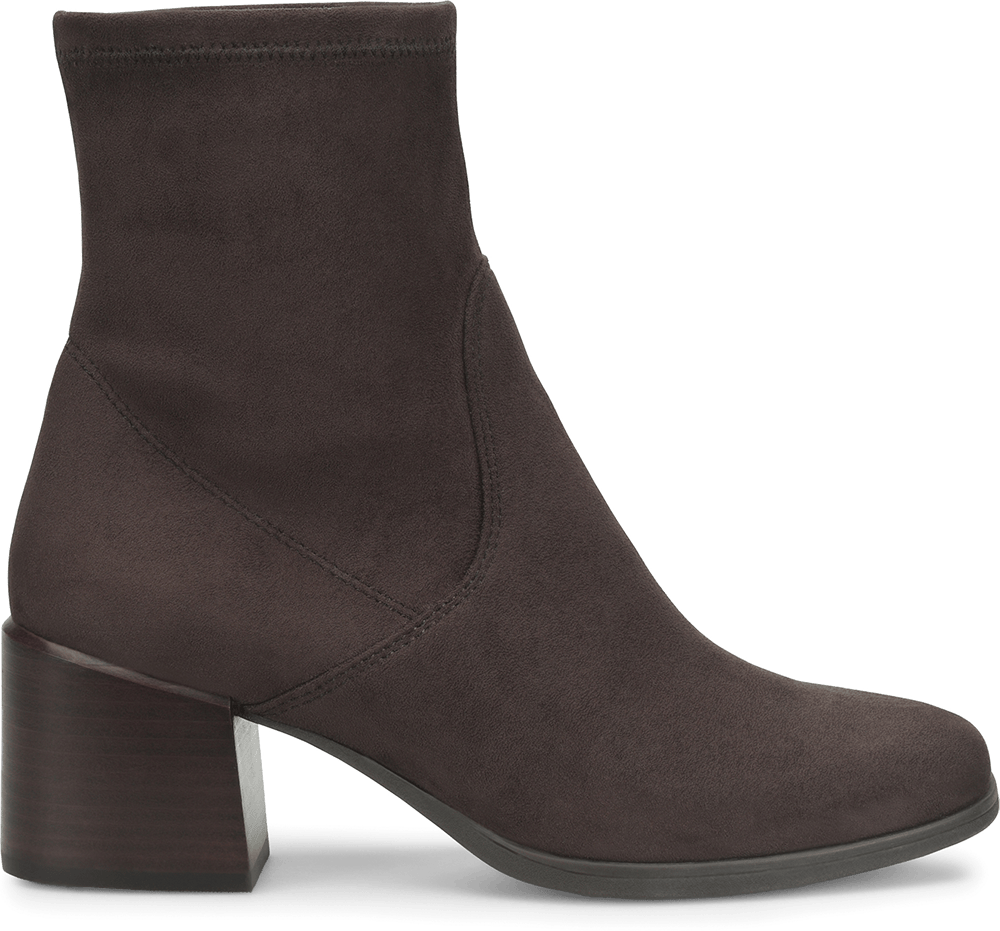 Lowery heeled bootie in brown fabric.